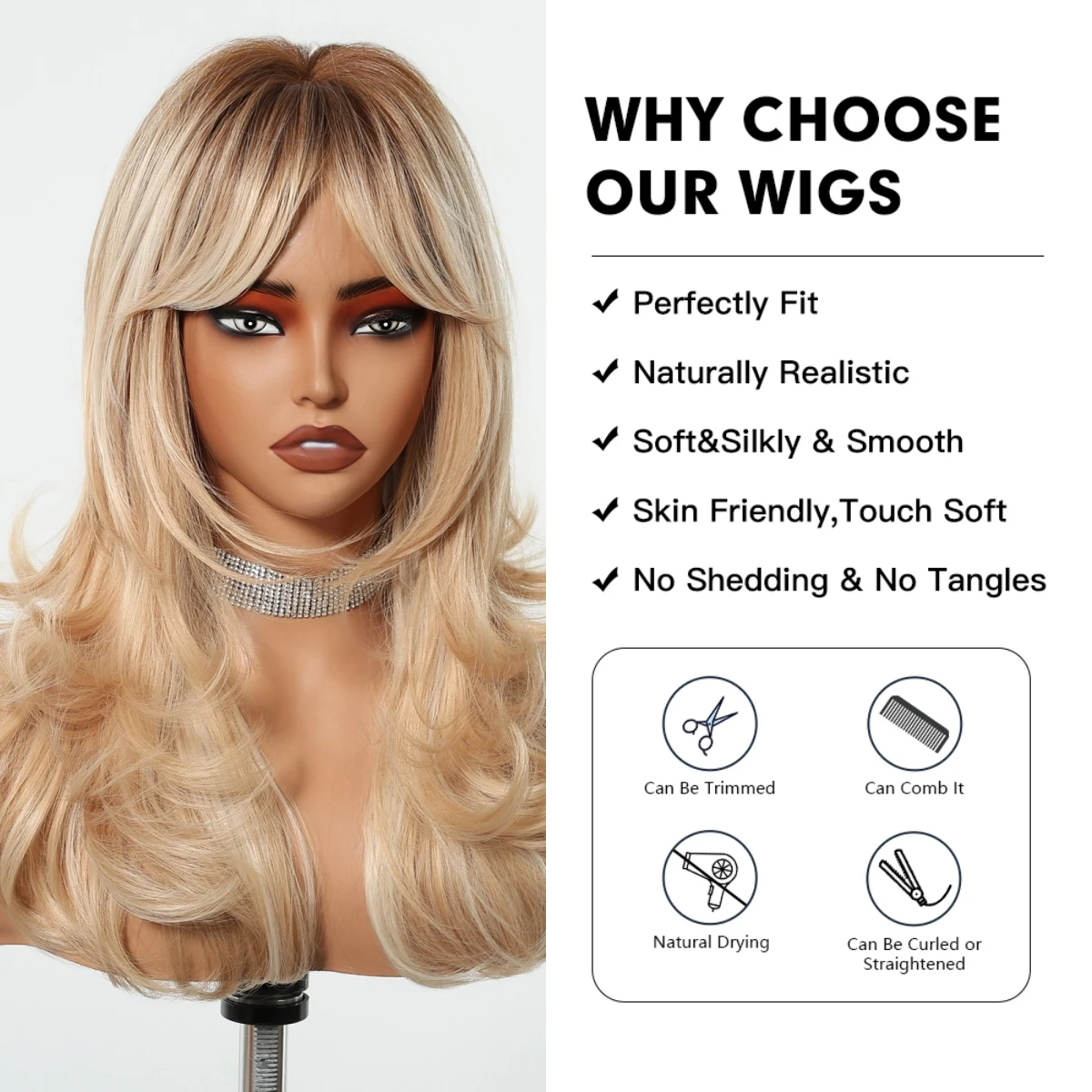 Golden Blonde Mixed Synthetic Wig Dark Root Wavy Hair With Side Bangs for Women Daily Party Cosplay wig Heat Resistant Fiber