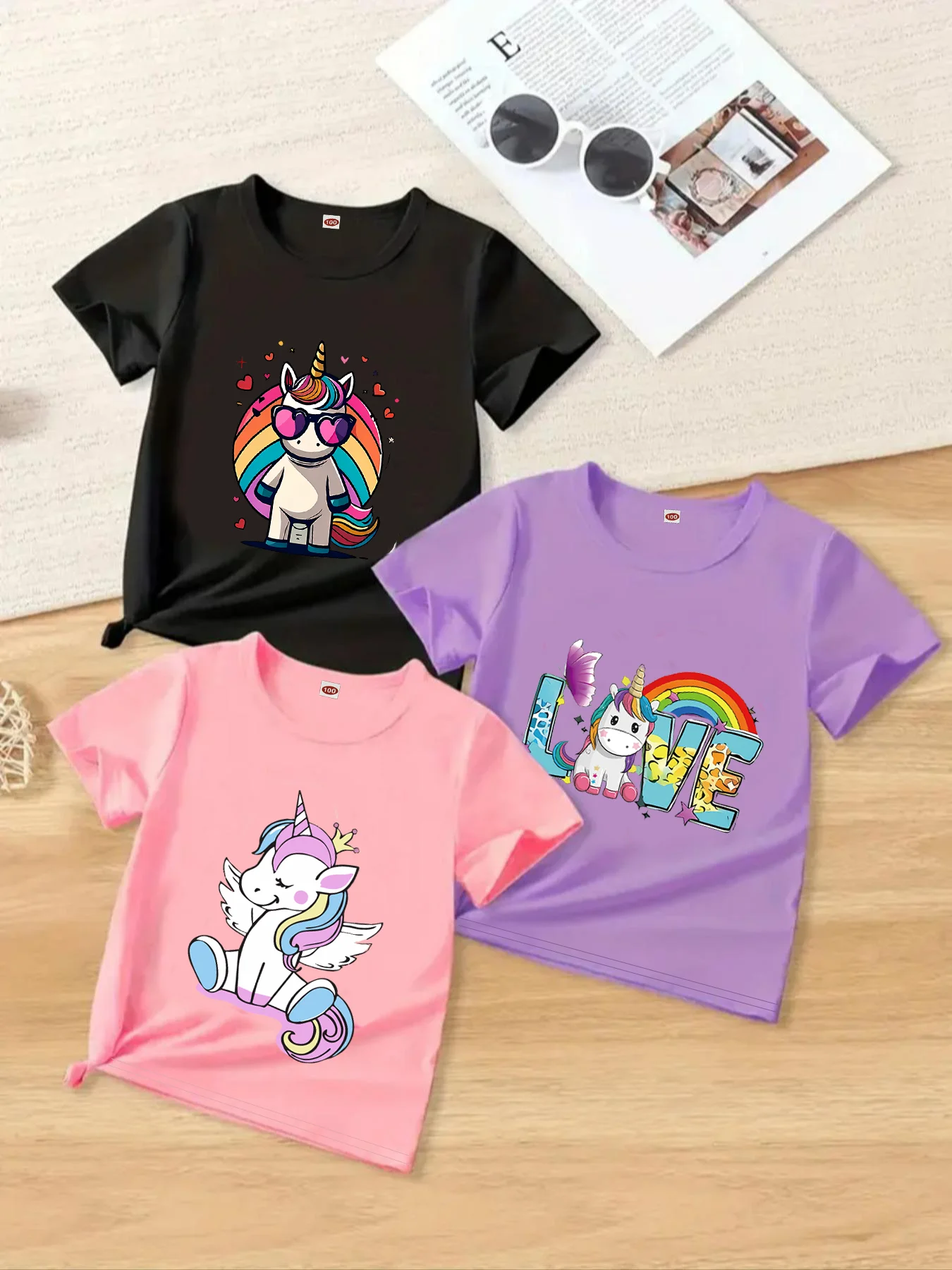 Verano 3 Camiseta casual con cuello redondo y estampado de unicornio de dibujos animados, adecuada para viajes de verano para niñas