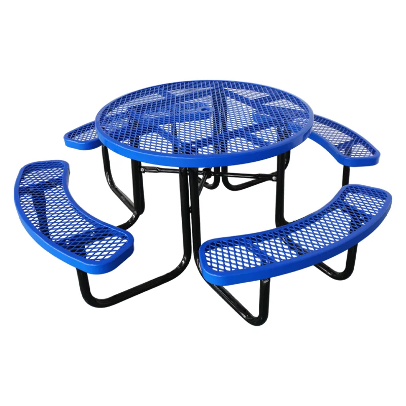 outdoor park modern circular perforated steel picnic camping table patio large expanded metal round dining table and chair