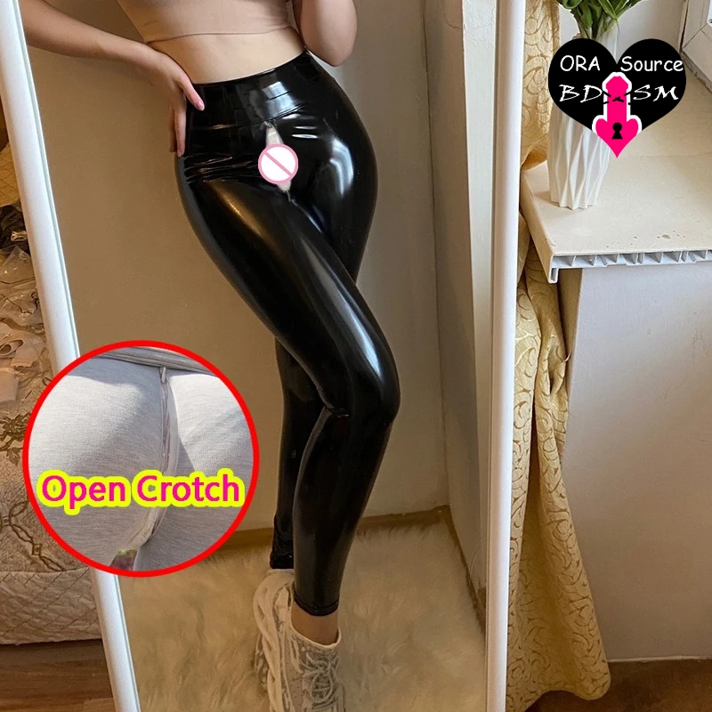‌Black Woman Flash Leather Open Crotch Pants Stretchy Adjustable Leg Design Bodycon Crotchless Fall Fashion Bottoms