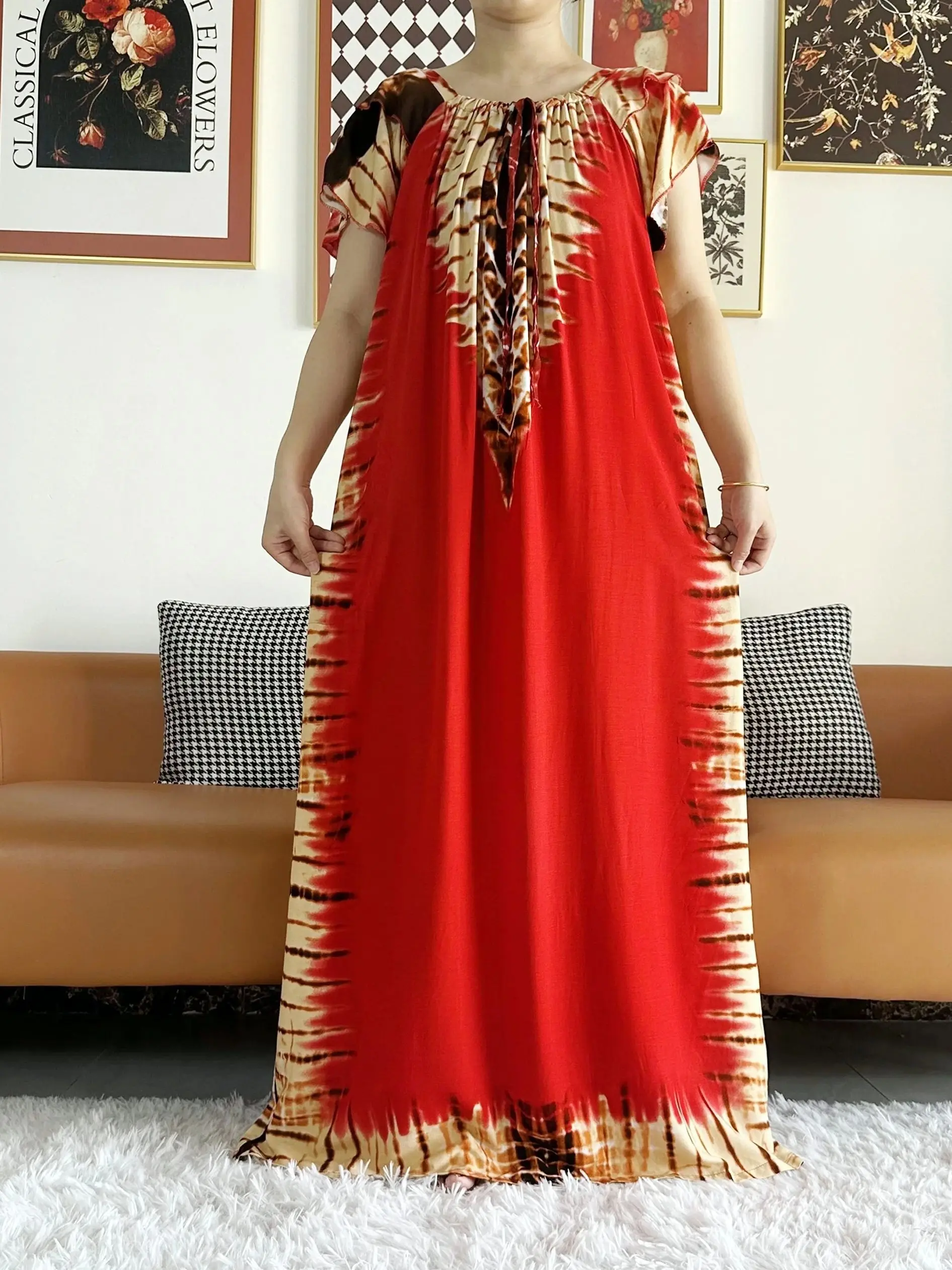 Abaya for Women African Lady Short Sleeve Loose Dress Solid Cotton Boat-Neck Floral Boubou Maxi Islam Women African Clothes