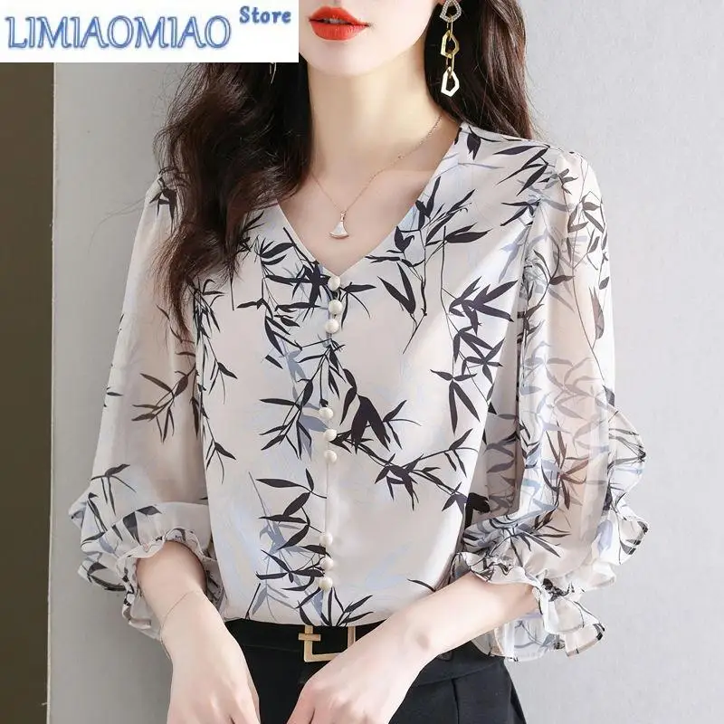

Fashion Printing Office Casual Blouse Women Transparent 3/4 Sleeve Slim Temperament All-match Lady Pullover Chiffon Shirt