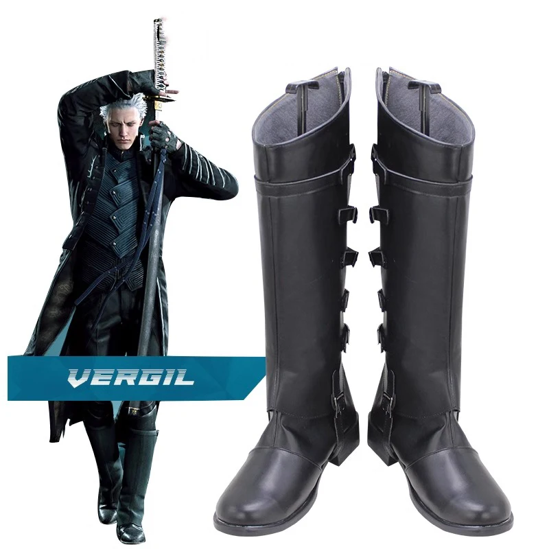 Vergil Cosplay buty czarne PU skórzane buty na Halloween karnawałowe buty rekwizyt Cosplay Vergil peruka do Cosplay krótkie srebrne siwe włosy