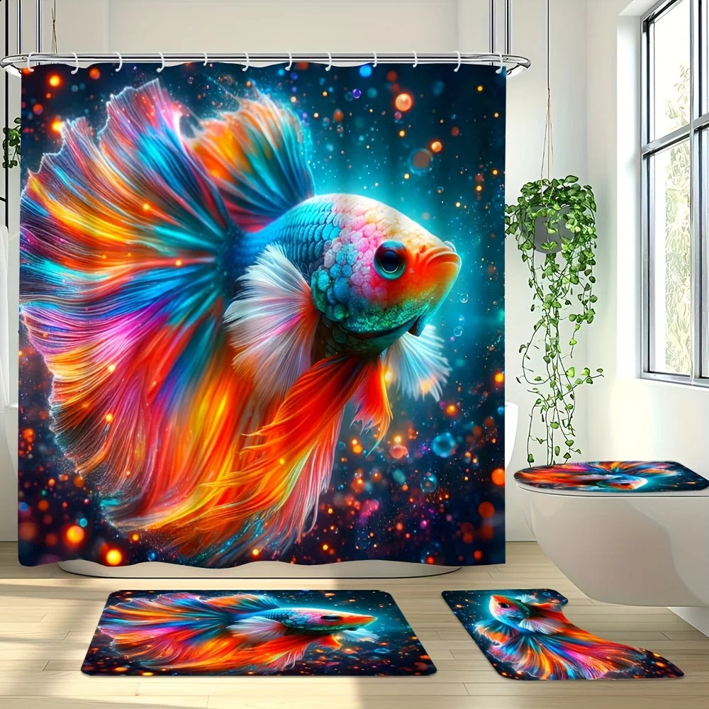 

4pcs Shower Curtain Set with Colorful Fish Swimming in Dreamy Background, Non-Slip Bathroom Rug, Toilet Seat Cover, and
