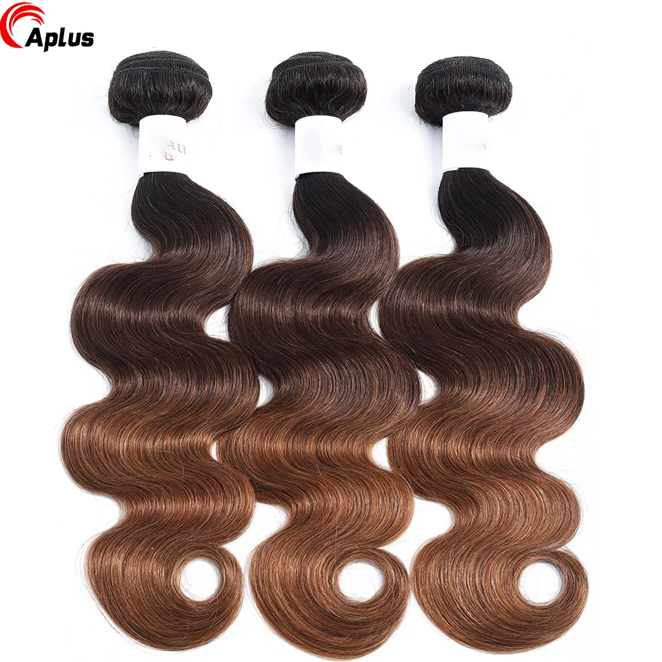 Aplus-Ombre Body Wave Bundles com Fecho, Cabelo Humano Cru, Cabelo Brasileiro Colorido, 3 Tone, T1B, 4, 30