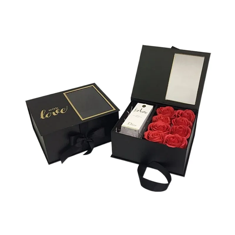 

Book-Style Gift Box Set w/ PVC Window & Ribbon, 2 Nesting Sizes for Flowers/Chocolates/Cosmetics - Holiday Present Packaging Box