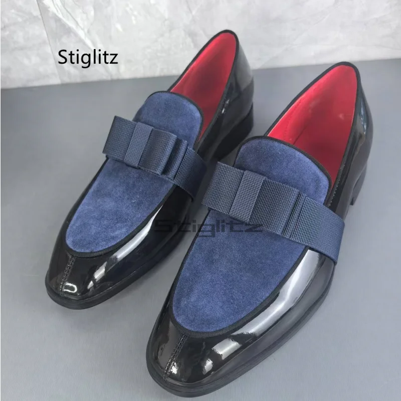 Bowknot Patent Leather Loafers for Men Patchwork Elegant Banquet Dress Shoes Fashion Comfortable Flat Business Leather Shoes