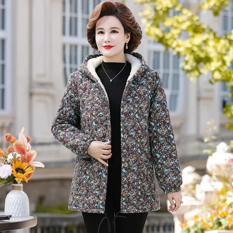 Winter My Mother Added Velvet Padded Floral Cotton-Padded Jacket For Middle-Aged And Elderly People Autumn And Winter Warm Coat