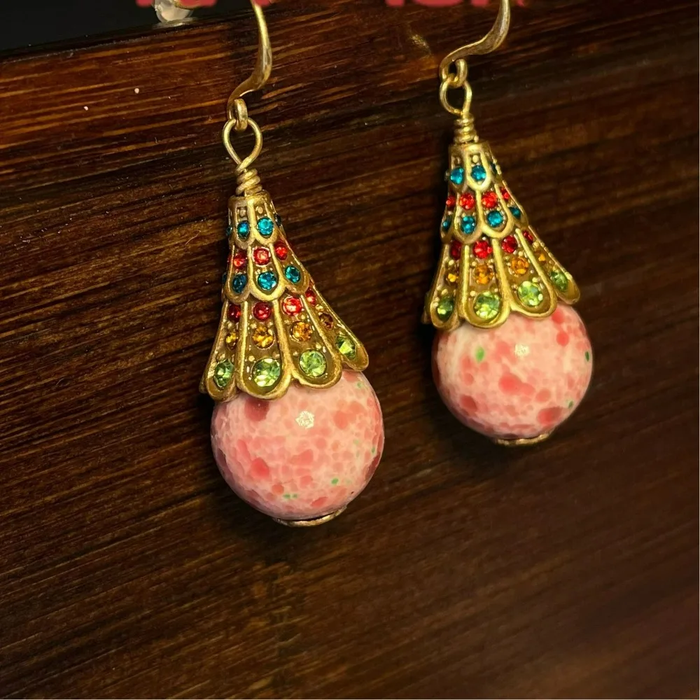 جديد القرون الوسطى خمر الزجاج روج مسحوق العرقية الرجعية الأقراط الجديدة الصينية الخضراء الضفدع الزجاج حجر الراين معبد مزاجه أقراط #4