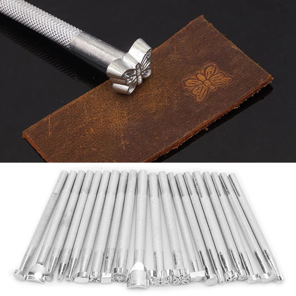 20pcs Silver Finish Leather Stamp Punch Set Punch Tools DIY Craft Tool Kit Saddle Making Tools Set Carving Stamps