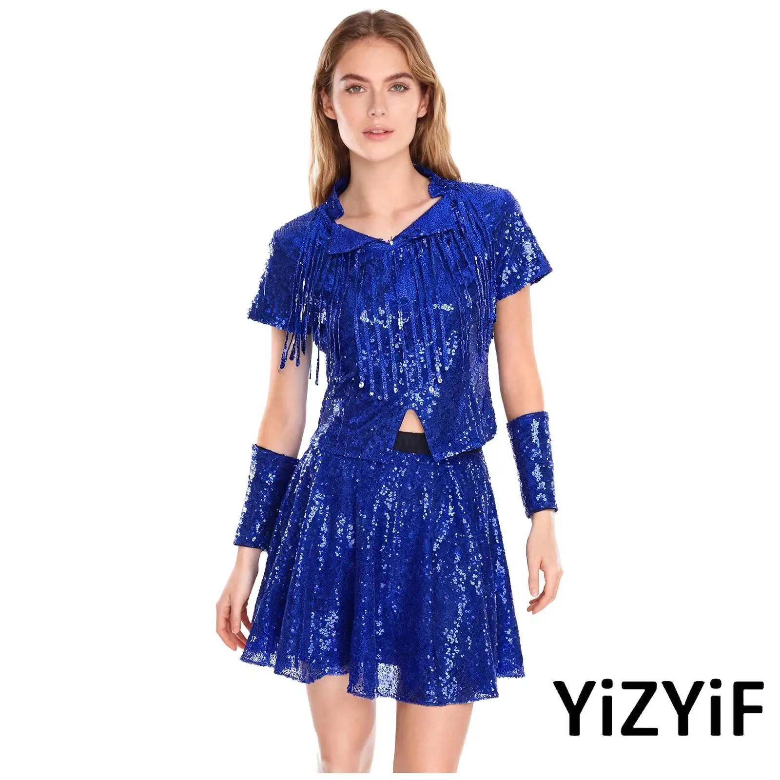 

Womens Shiny Sequin Jazz Disco Dance Outfits Short Sleeve T-shirt Top+Gloves Pleated+Mini Skirt for Cheerleading Performance