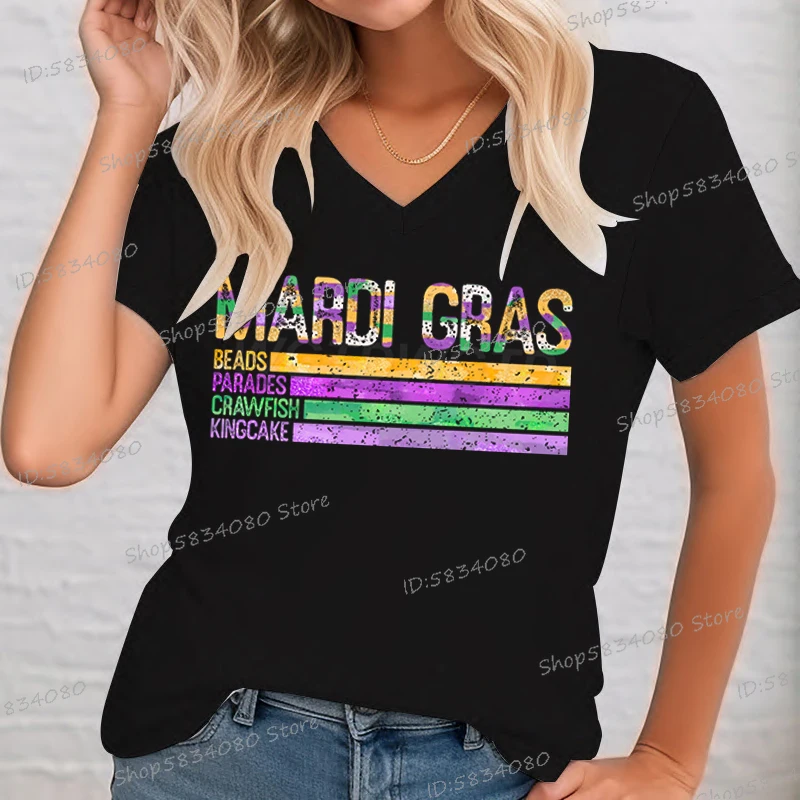 Casual Mardi-Gras Women's Festival T-shirt Beads Parades Crawfish Kingcake Print V Neck Vintage Tops Fashion Mardi Gras Clothing