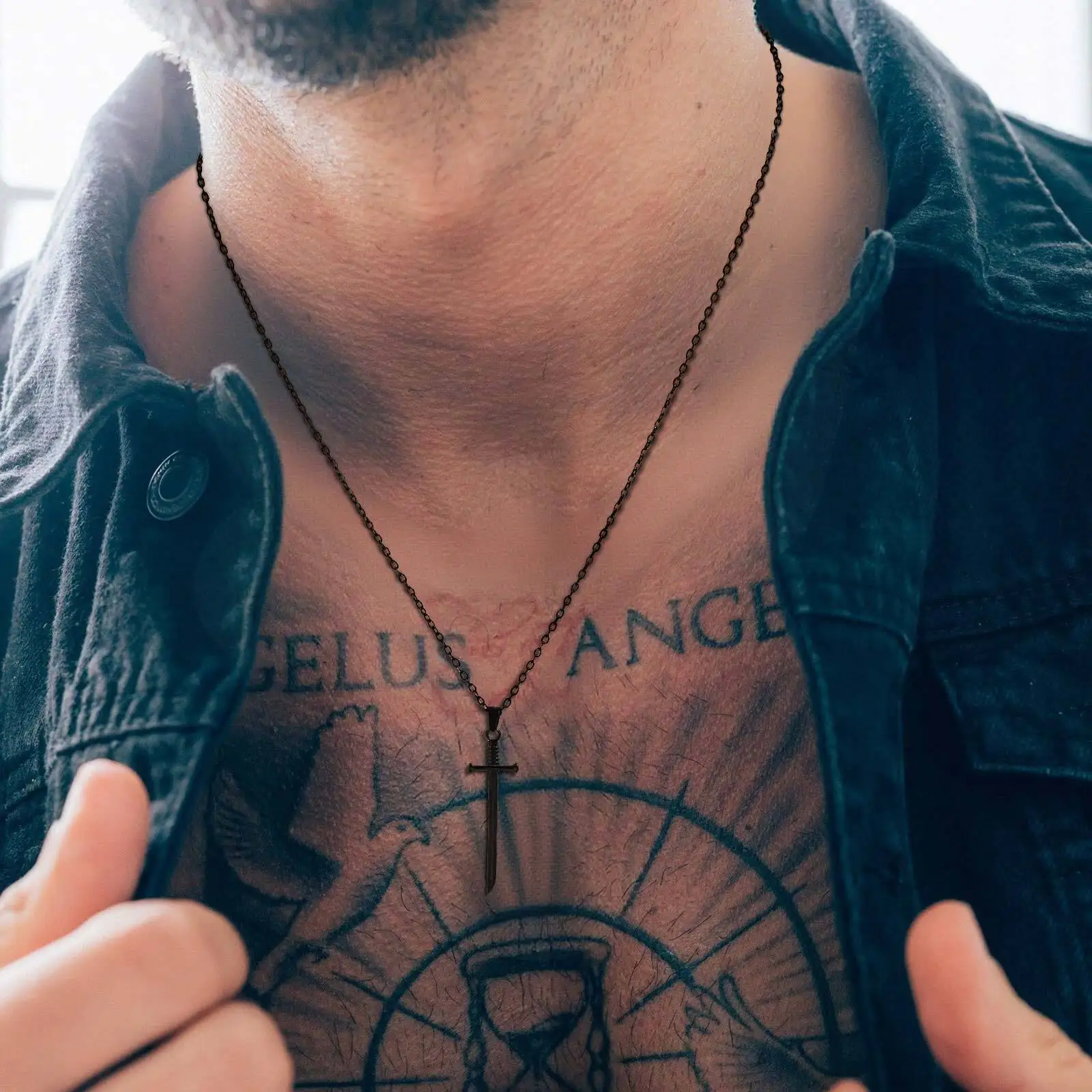 Lange Schwert-Anhänger-Halskette für Männer und Jungen, Punk-Anhänger aus Edelstahl, 50 cm Kettenhalsband – Detail 9