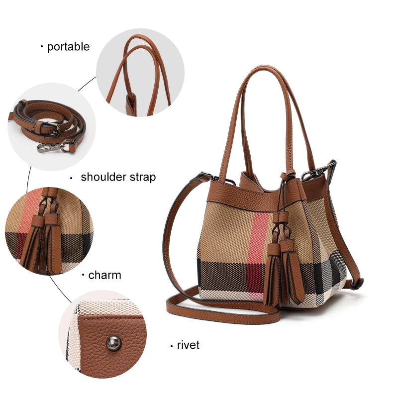 Aidrani Women Bucket Handbag, Real Cowhide Canvas Plaid Tassel Crossbody Shoulder Purse, Multi‑Pocket Portable Bag for Daily Use