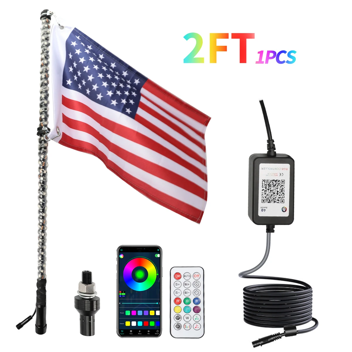 2FT LED Whip Lights App Remote Control Flagpole Antenna Whips For UTV ATV Off Road Truck Sand Buggy Dune RZR Flagpole Lamp