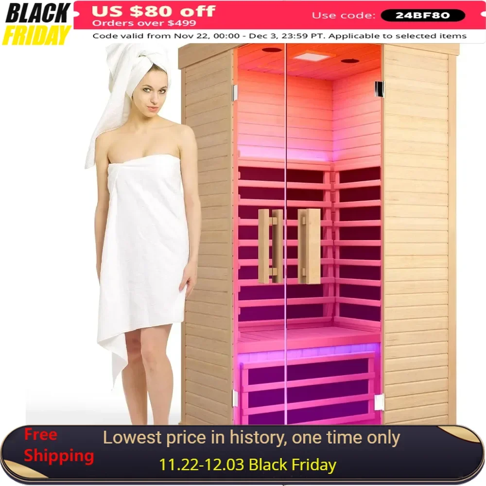 Far Infrared Saunas for Home Indoor Room 1 Person Wood Canadian Hemlock 1420W Low-EMF Dry Sauna with Oxygen Bar