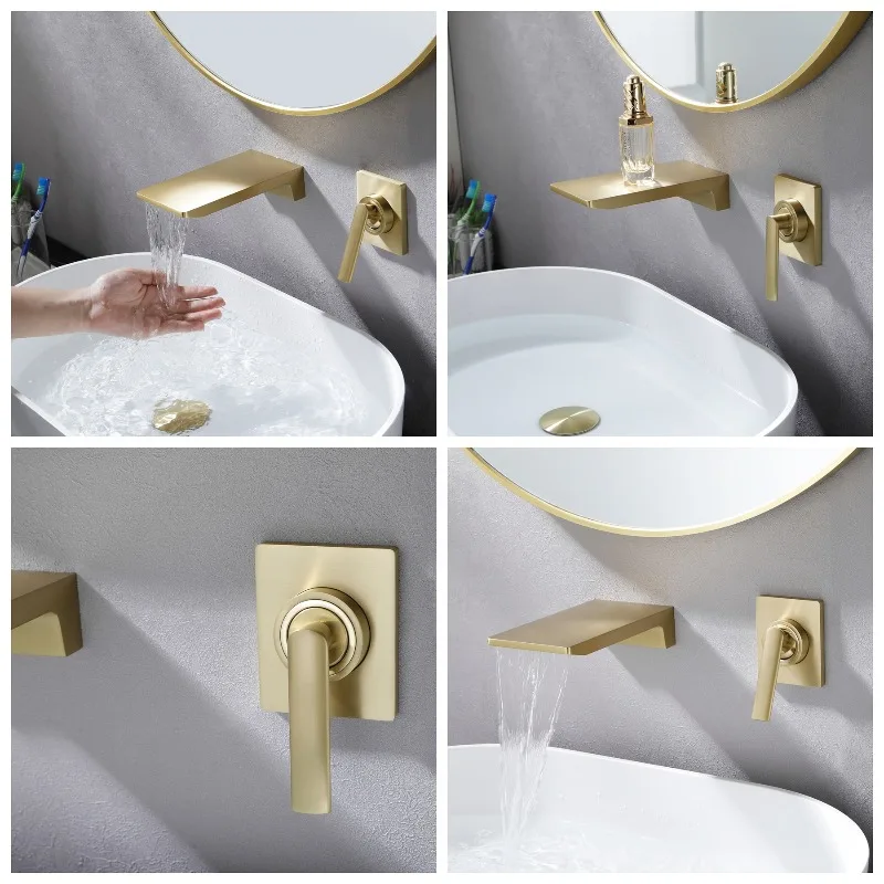 All-copper brushed gold concealed faucet into the wall All-copper wash basin Pre-buried hidden hot and cold water wall faucet