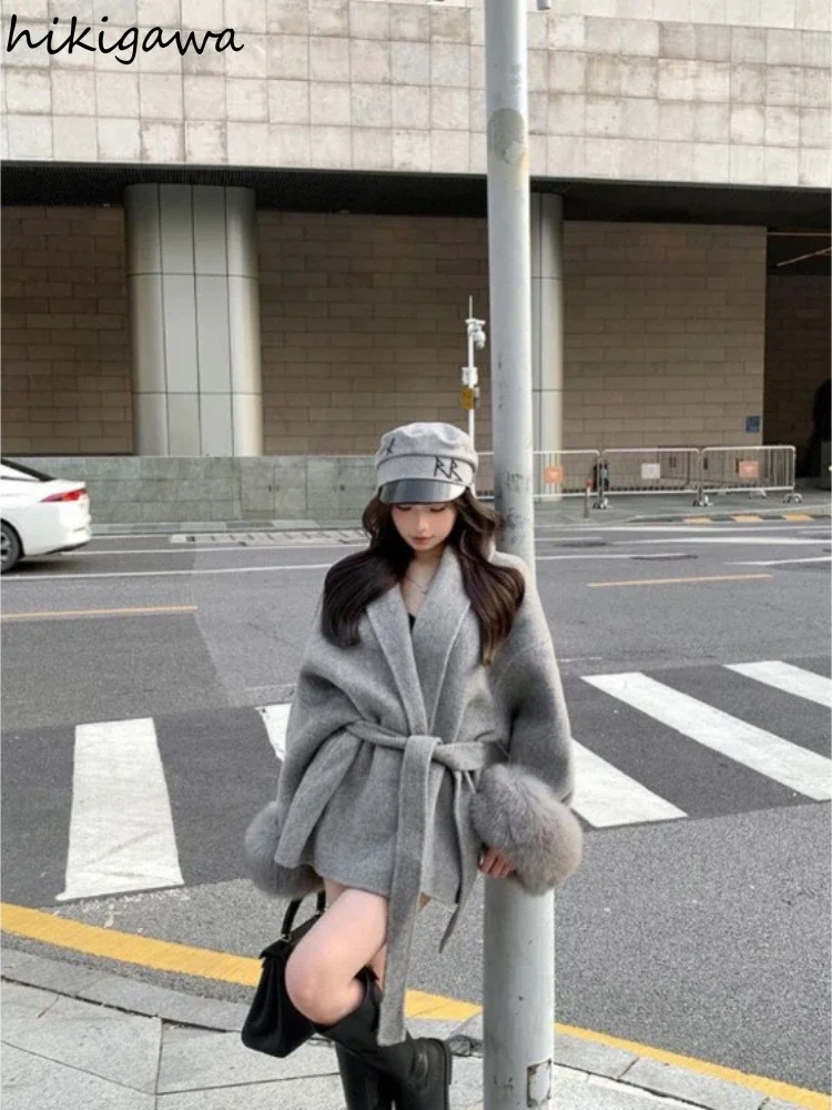 Fashion Coats for Women Patchwork Furry Long Sleeve Bandage Outwear Korean Y2k Clothing Korean Temperament Solid Color Jackets