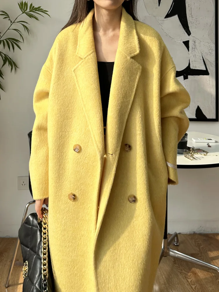 High-end Women Double-sided Wool Long Coat Warm Mulberry Silk Lapel Loose Double Breasted Wool Coat Female Fashion Autumn Winter