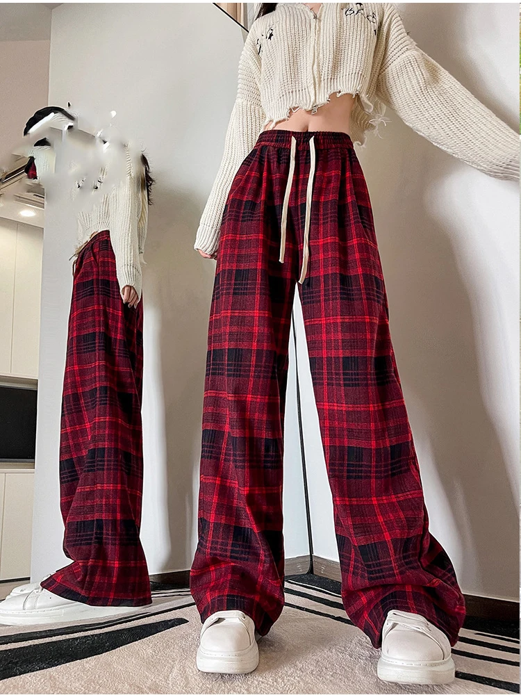 

Vintage Plaid Wide Leg Pants for Women 2024 Spring Thick Straight Trousers with Fleece Slim Warm Velvet Pant Women's Joggers