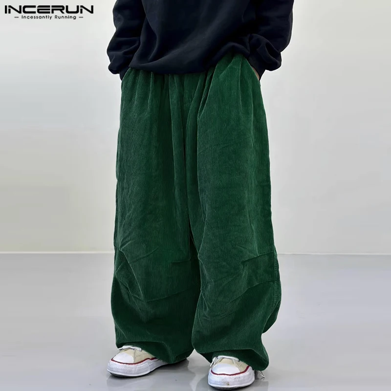 INCERUN Men Corduroy Pants Solid Color Loose Elastic Waist Streetwear Casual Wide Leg Trousers Men 2024 Korean Style Long Pants