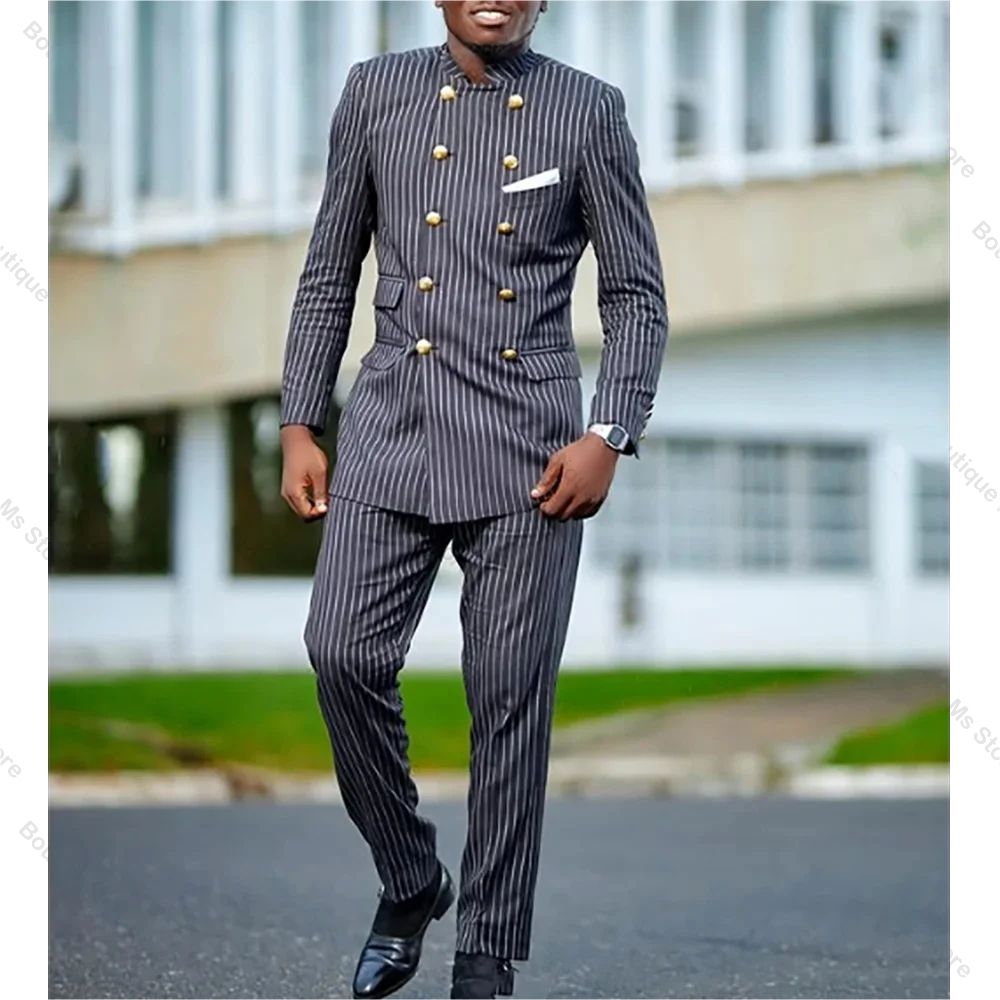 

Black Striped Double Breasted Men Suit Two Pieces (Jacket+Pants) Outfits Stand Collar Casual Party Prom Wedding Set