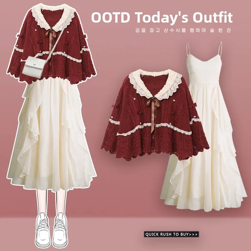 Maglione rosso e aderenti in vita ter Dr Set in due pezzi per la celebrazione del Capodanno Opzione colletto rimovibile Autunno Inverno Co...