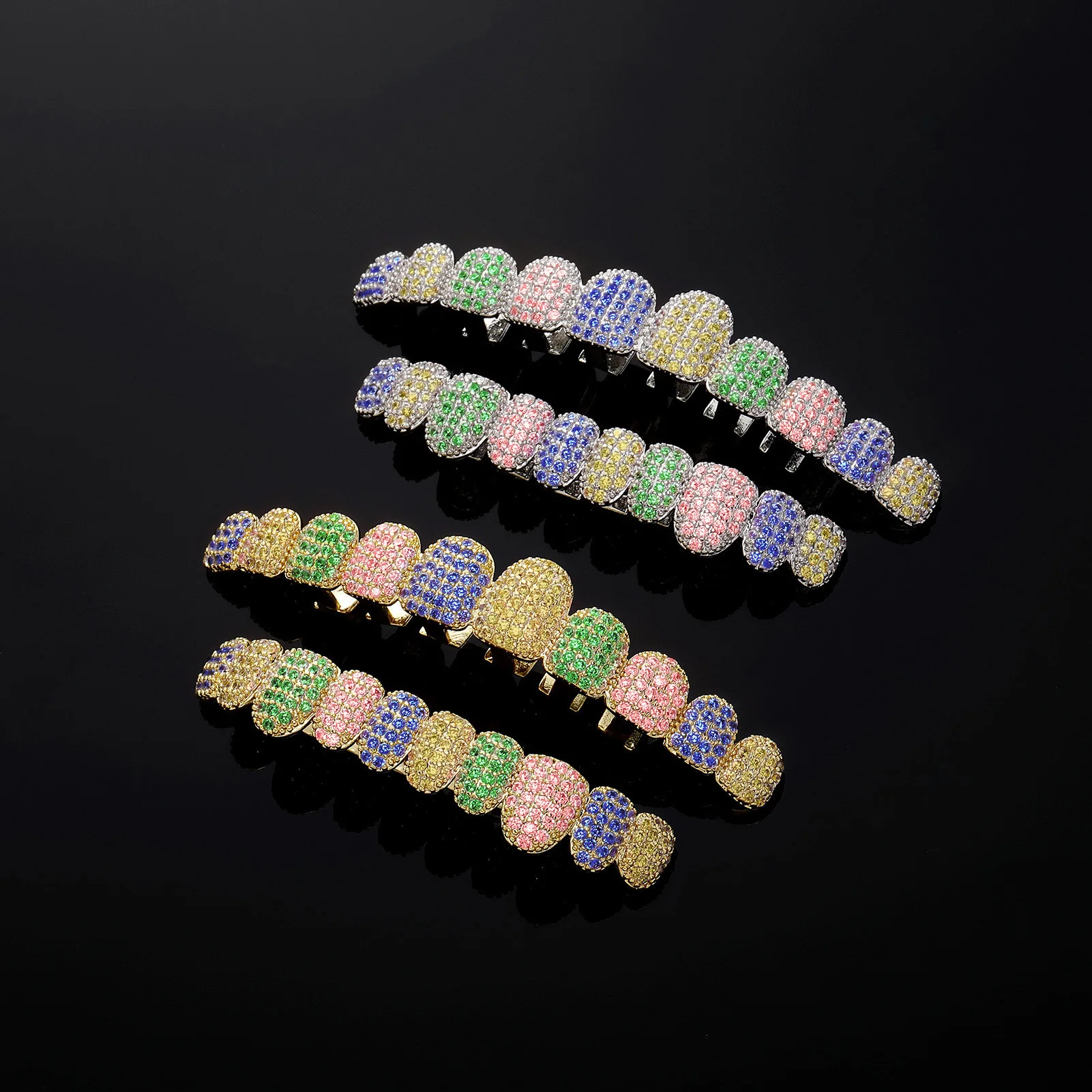 YOUNGX 10/10 Iced Out Full Colorful CZ Stone Teeth Grillz Hip Hop Shiny Colors Zircon Tooth Caps For Women Men Jewelry Cosplay - view 3