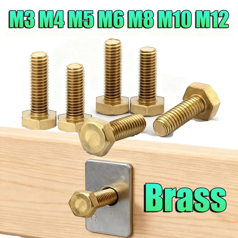 Brass Hex Head Bolt DIN933 GB5783 Brass Full Thread Hexagon Screw M3 M4 M5 M6 M8 M10 M12 Copper Bolts for Electrical Plumbing