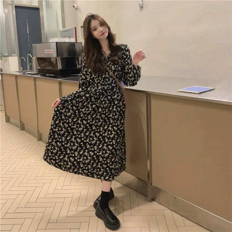 Floral Dresses Women Autumn New Midi High Waist Temperament Long Sleeve V-neck A-line Gentle Elegant Ulzzang Prevalent Fashion