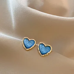 Small Sparkling Blue Color Heart Stud Earring for Women Korean Style Geometry Jewelry Brincos Wedding Girl Gift