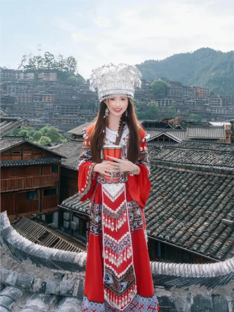 

Exotic clothing ethnic style costume red long dress travel photography photo shoot women's