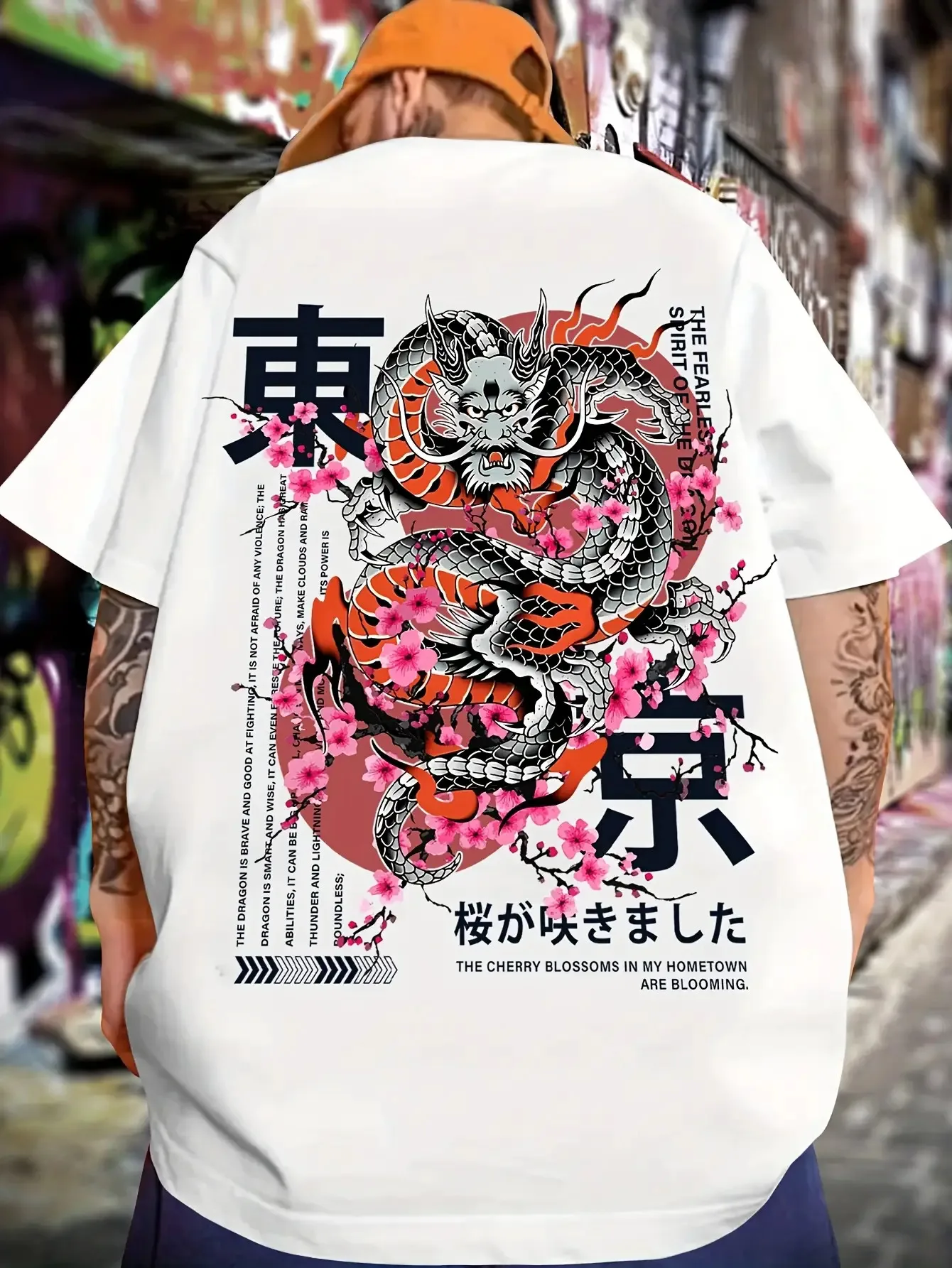Sweet and Cool Dragon Patterned Cherry Blossoms Embellish The Urban Atmosphere for Men and Women, Pure Cotton Short Sleeves
