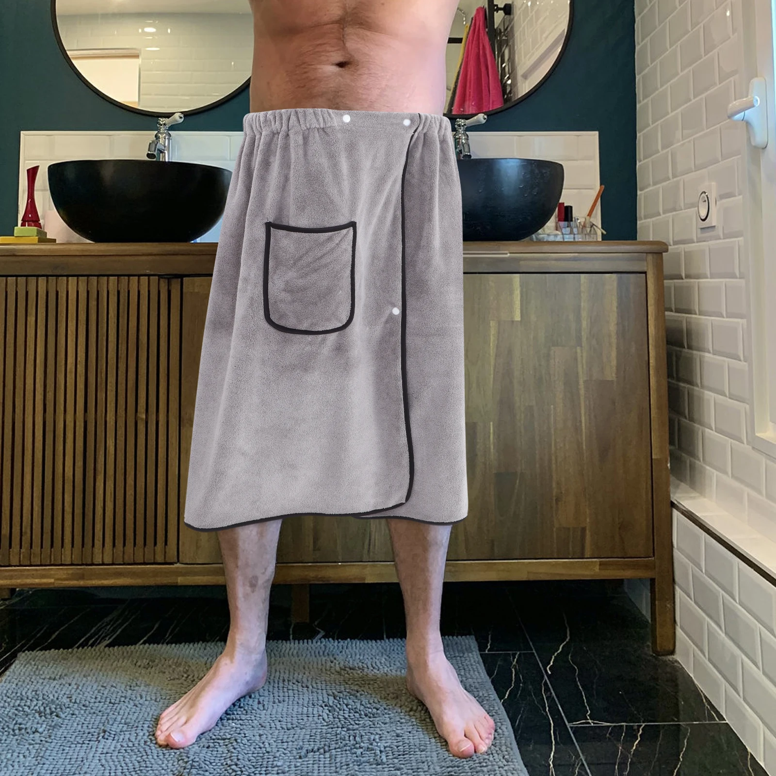 

Men Coral Fleece Bath Skirt Wearable Adjustable Bath Wrap Soft Absorbent Quick Dry Spa Beach Home Towel Wearable Towel
