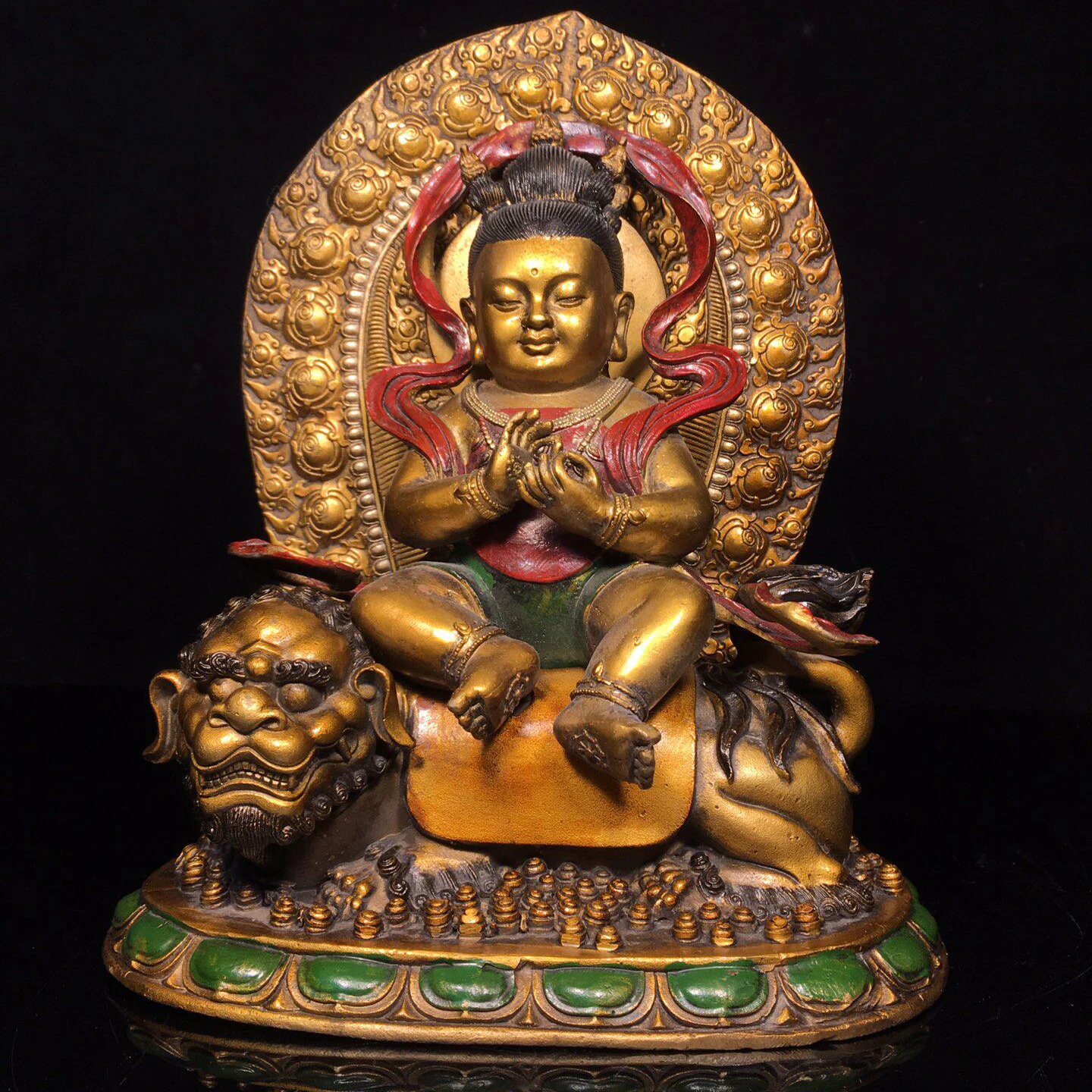 Antique Bronze Painted Manjushri Boy Bodhisattva Statue Serene Face Heavy Patina Fine Craftsmanship Home Decor