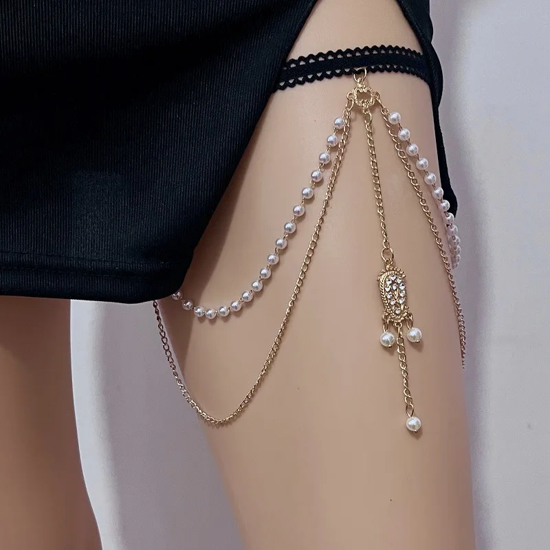 Beach elastic multi-layer pearl thigh chain women's fashion trend rhinestone leg chain tassel chain Sexy summer essential access