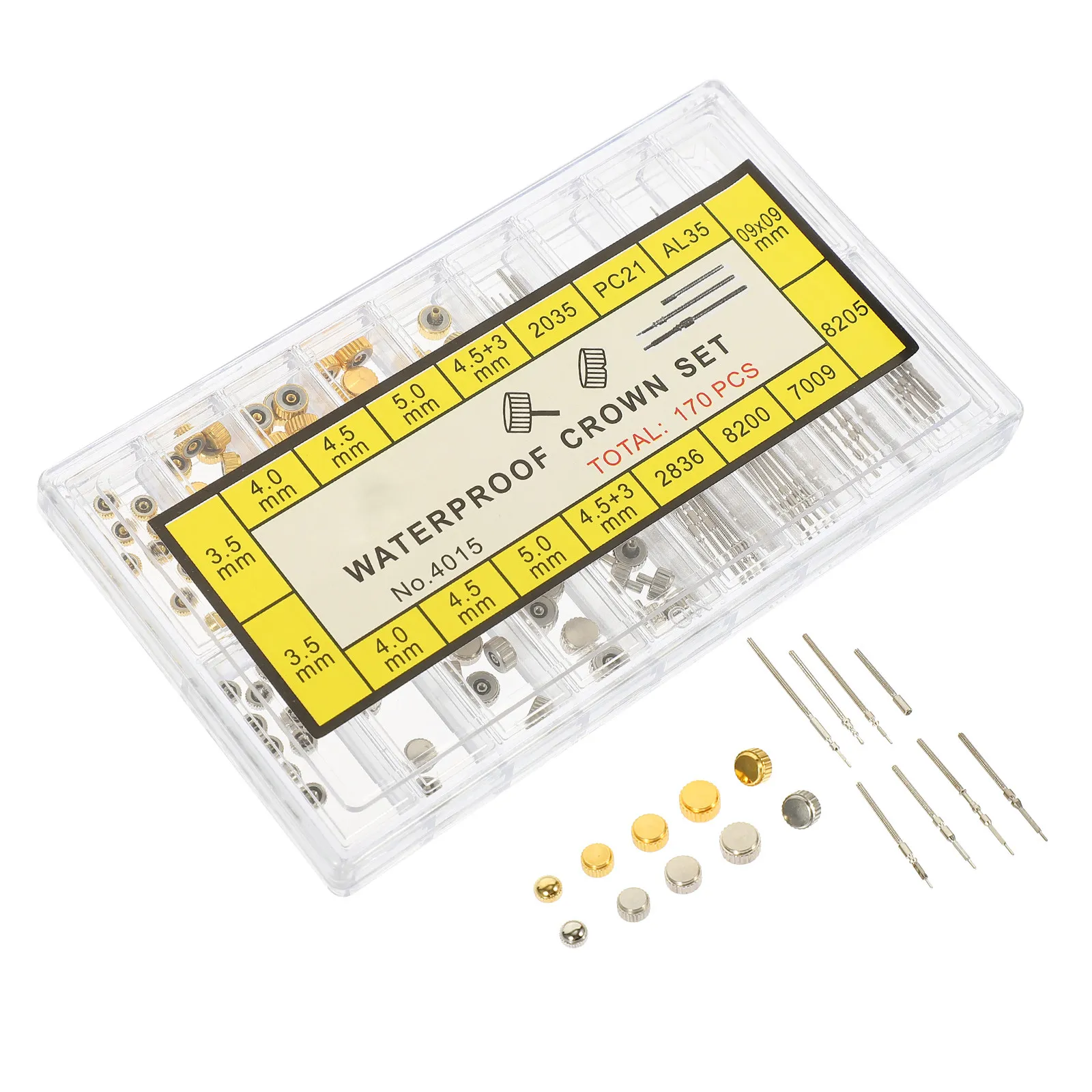 

Box of Watch Repair Crowns Mixed Gold Silver Color Sturdy Watch Stem Parts Replacement Repair Kit Professional Maintenance Tools