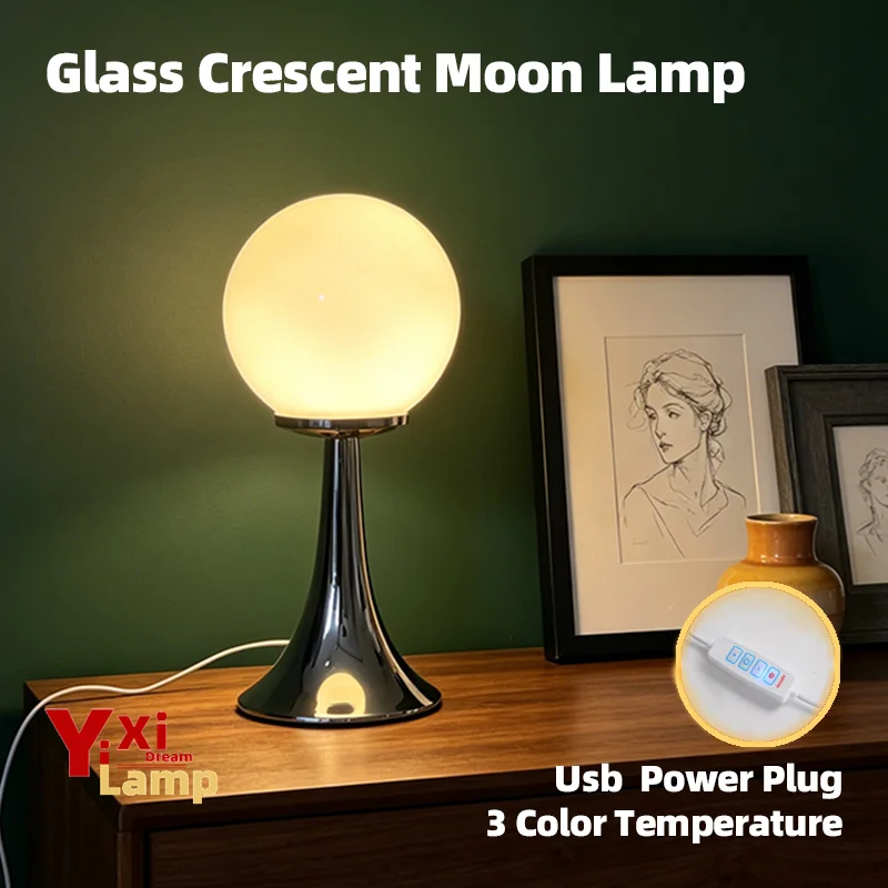 

Murano Glass Moon Table Lamp, Plug-in LED Crescent Bedside Light for Bedroom Living Room Retro Home Decor