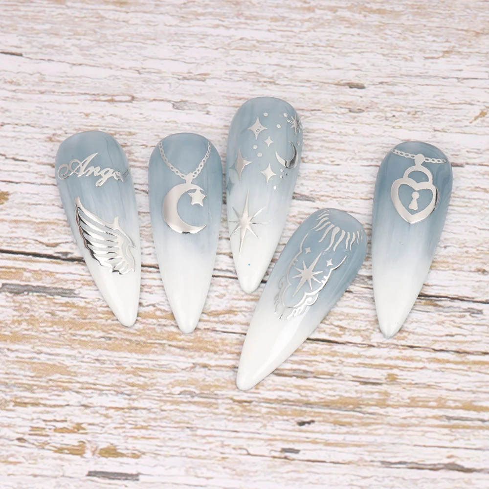 ملصق تزيين أظافر ذاتي اللصق ، نجمة فضّية ، برنز ، شمس ، قمر ، نجمة ، أجنحة ، قلوب ، منزلق مانيكير ، ملحق ديكور الأظافر