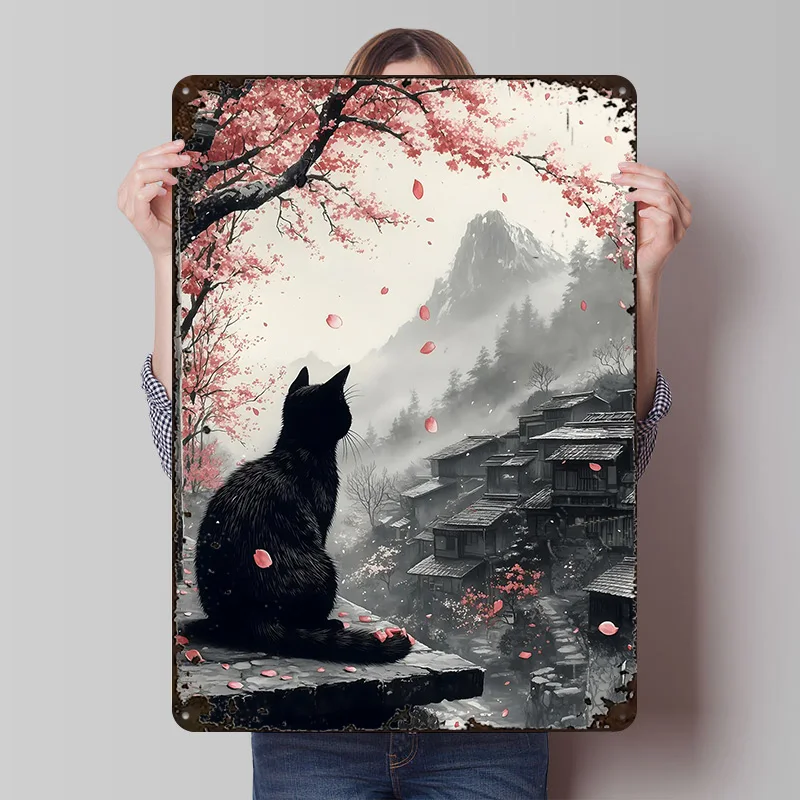 القطة السوداء في القرية اليابانية ملصق معدني علامات معدنية جدار الفن مكتب ديكور مخصص تين تسجيل للديكور المنزل عصا ديكو ريترو #1