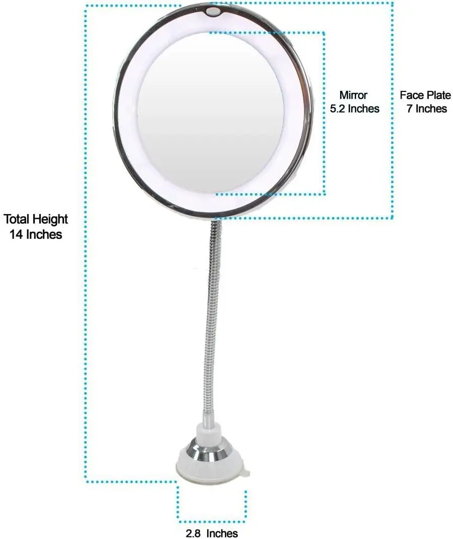 10倍拡大鏡吸盤ミラー 14個のLEDライト付き - 6.5インチ バスルームメイクアップバニティミラー 調節可能なライト付き、回転フレキシ