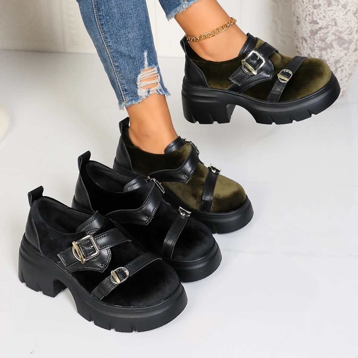Metal Buckle Thick Bottom Non Slip Mary Jane Shoes Autumn Velvet Designer Chunky Platform Block Heel Shoes Elegant Dress Pumps - view 6