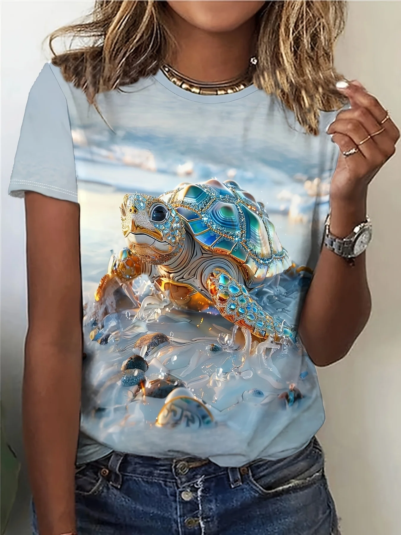 

Женская футболка с изображением радужной морской черепахи, мерцающий дизайн с морскими животными для повседневной носки.