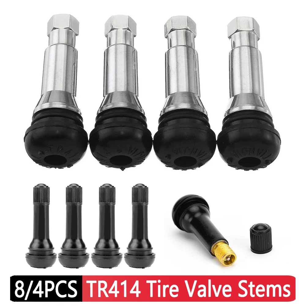 4/8Pcs TR414 Chrome Aluminium Tubeless Tyre Valve Stems Dust Caps Snap In Wheel Tire Valve Stems Rubber Dustproof Cover