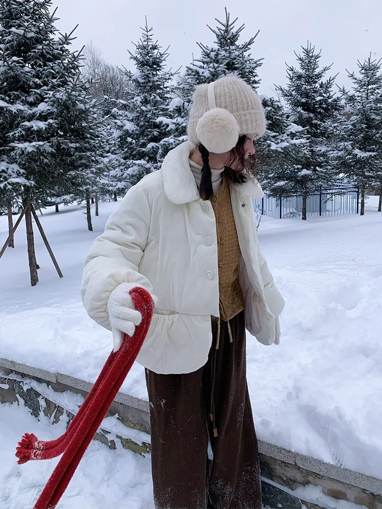 

Винтажный теплый хлопок с пузырьками «Northland Ce» Jaet, бархатный кукольный воротник, текстура из искусственного шелка, свободный крой, длинный цвет све