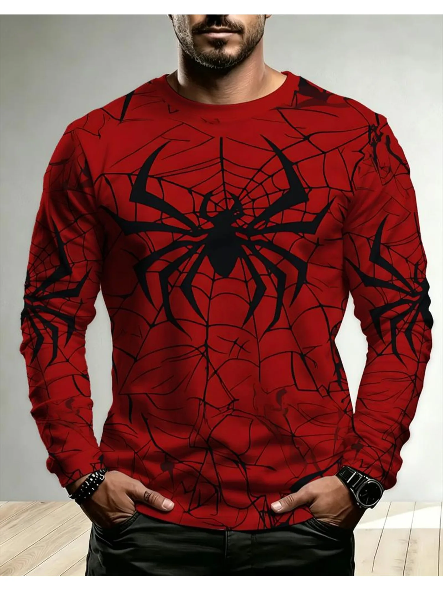 Men's Spider Web Printed Long Sleeved T-shirt For Autumn Casual Street Cool Animal Pattern Top Fashionable Party Style Pullover
