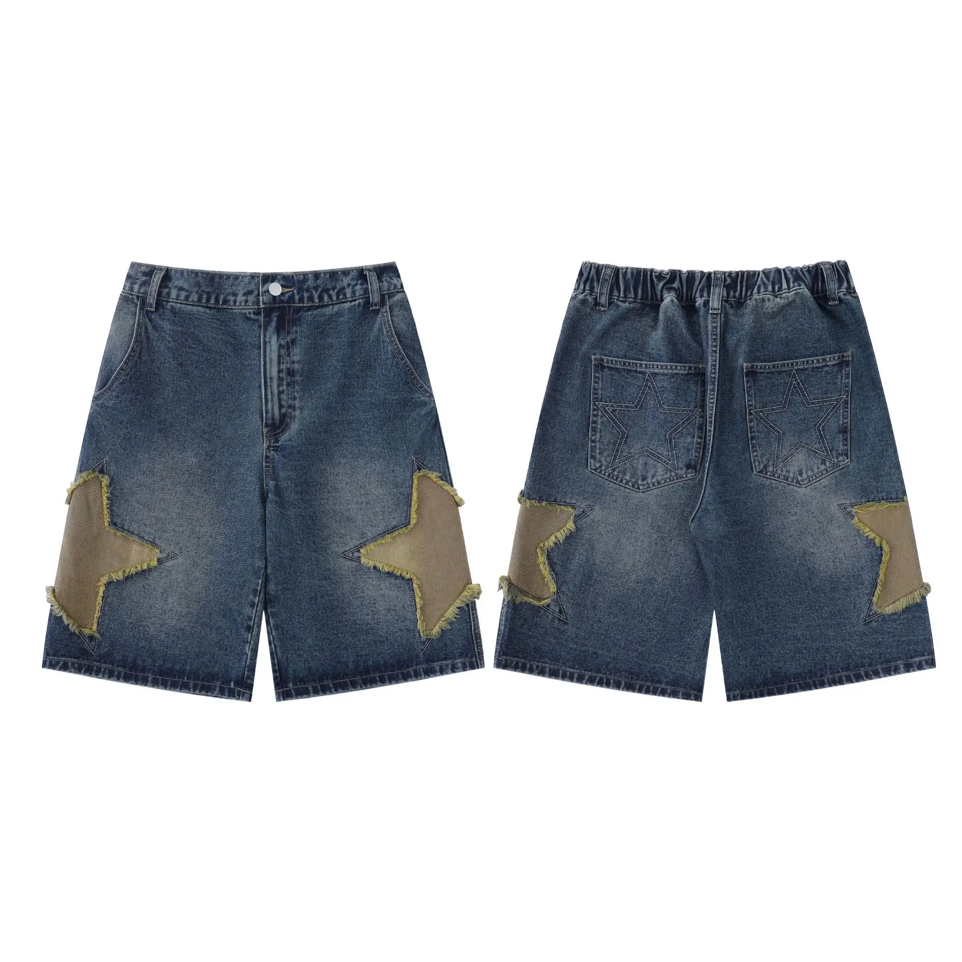 TIDEEKU Mens Summer Casual Shorts Star Embroidered Distressed Loose Cropped Pants Trendy Brand Straight Leg Jeans