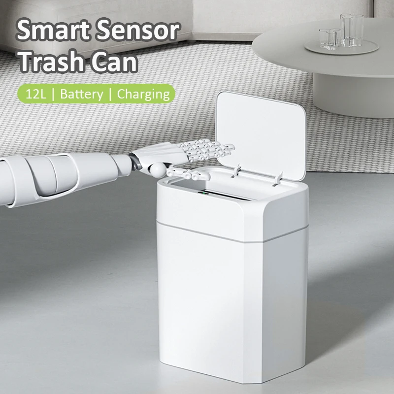 12L Automatic Sensor Trash Can with Lid Narrow Bathroom Smart Trash Bin Kitchen Garbage Cube Home Induction Wastebasket