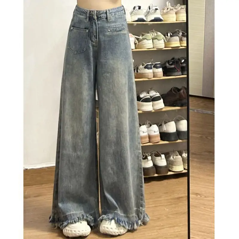 Y2k Preppy Style Jeans Women High Waist Distressed Ruched Denim Flare Pants Wide Leg Vintage Trousers Loose Korean