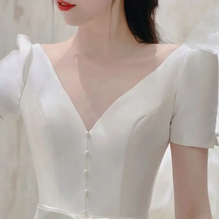 Robe de Mariée Légère en Satin Blanc pour Femme, Tenue de Soirée, Design de Banquet, de Fiançailles, Nouvelle Collection 2025